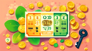 Colorful illustration of a lottery ticket with lucky numbers and a key, with a magnifying glass and a pile of gold coins in the background, surrounded by f