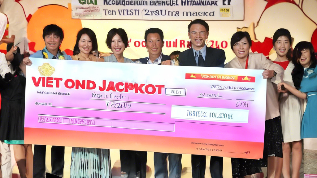 A person holding a giant novelty cheque for a record-breaking Vietlott jackpot win.