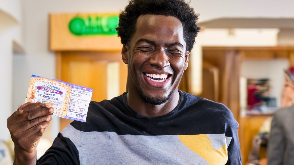 A person showing off their winning lottery ticket and looking overjoyed.