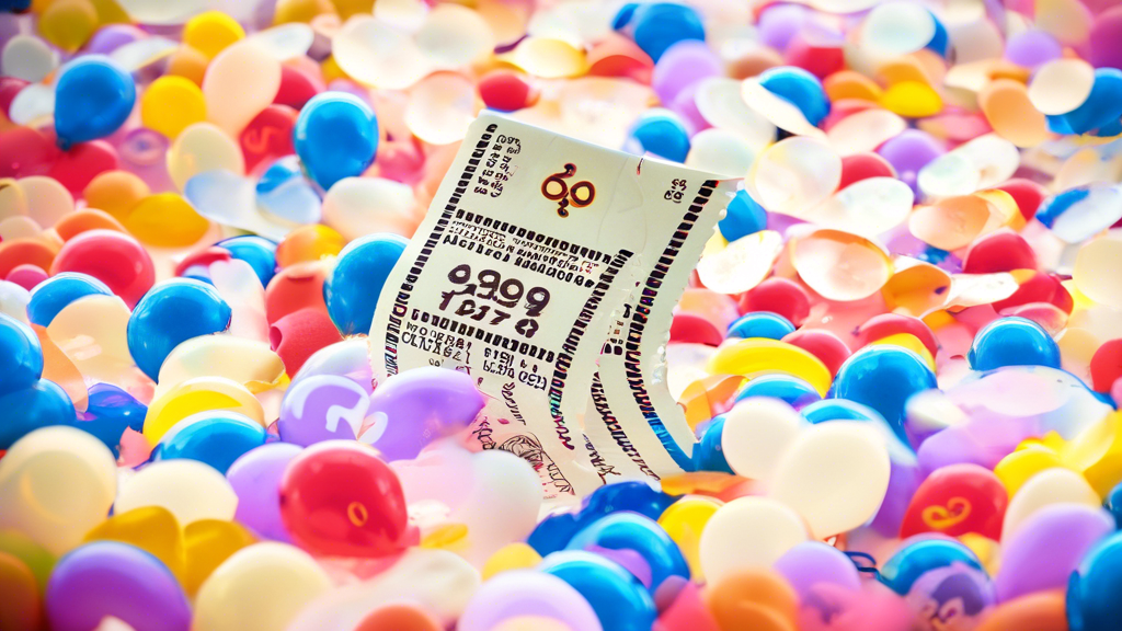 A lottery ticket with confetti and balloons around it.