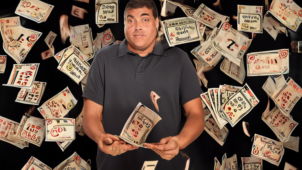 A man playing the lottery. The background should include images of gambling and game playing with a question mark surrounding it.