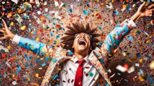 Create an image of a person winning the lottery, surrounded by confetti and lottery tickets. The image should express excitement and disbelief.