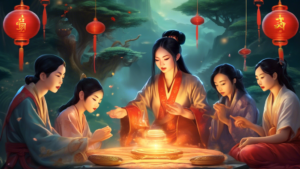 Generate an image related to the article title: Soi cầu XSMB hôm nay. The image should feature a mystical or spiritual setting, with people or characters e